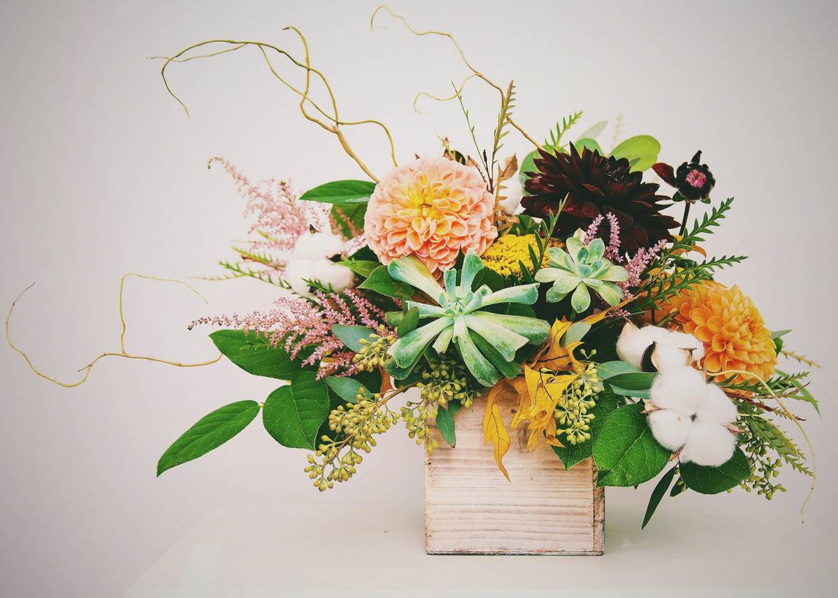 Close-up of organic flower gift boxes showing compostable packaging and certified organic tag
